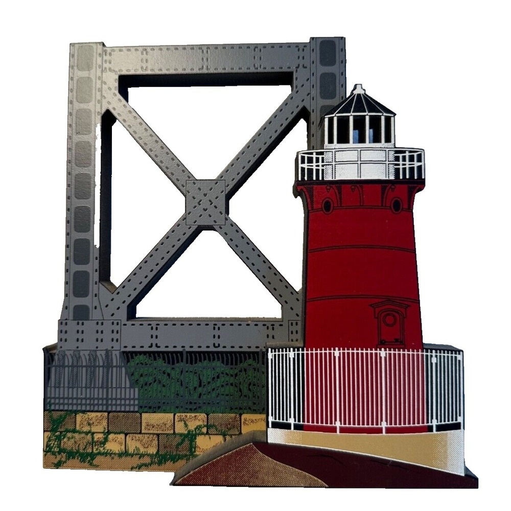 Vtg Sheila's Wood Figurine Lighthouse NY 1996 3D Hand‎ Painted Nautical Rustic